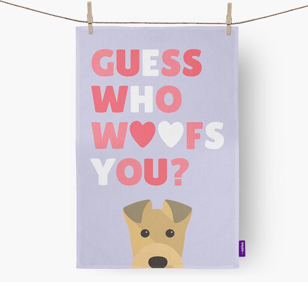 'Guess Who Woofs You?' Dish Towel with {breedFullName} Icon