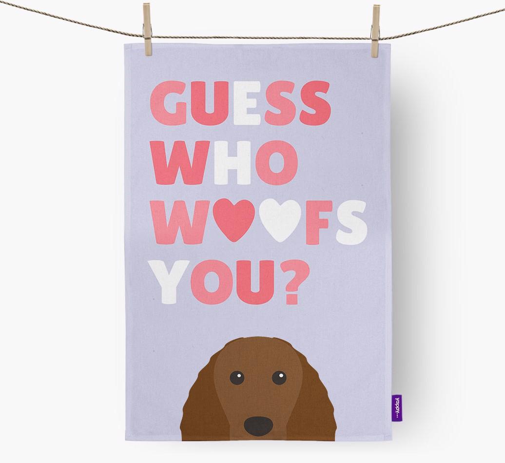 'Guess Who Woofs You?' Dish Towel with {breedFullName} Icon