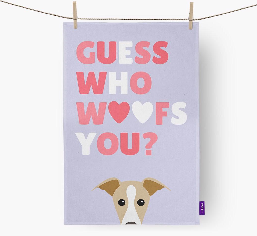'Guess Who Woofs You?' Dish Towel with {breedFullName} Icon