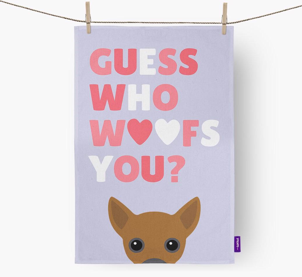 'Guess Who Woofs You?' Dish Towel with {breedFullName} Icon