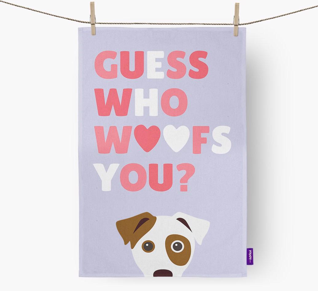 'Guess Who Woofs You?' Dish Towel with {breedFullName} Icon