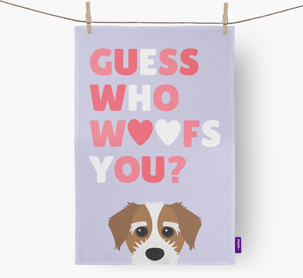 'Guess Who Woofs You?' Dish Towel with {breedFullName} Icon