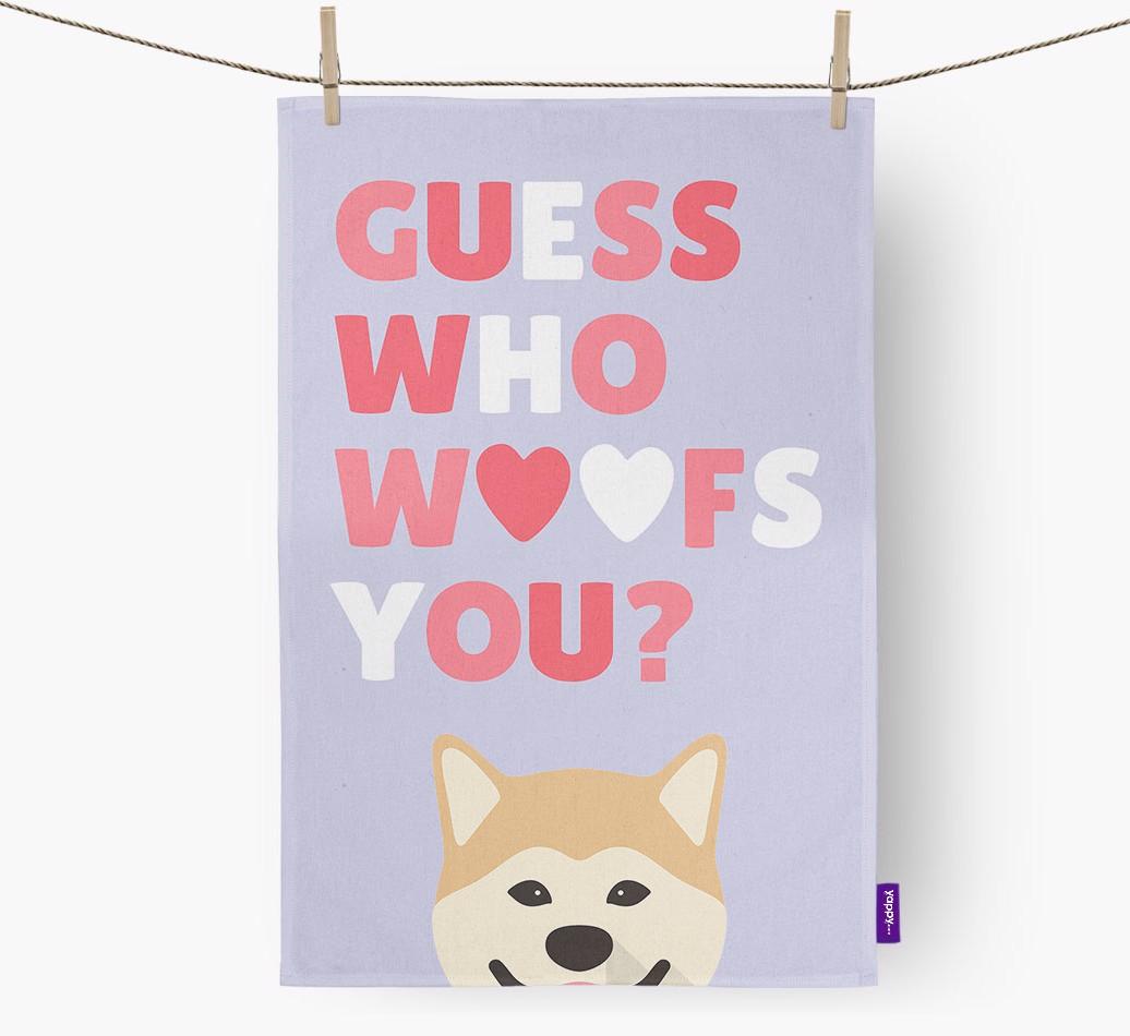'Guess Who Woofs You?' Dish Towel with {breedFullName} Icon