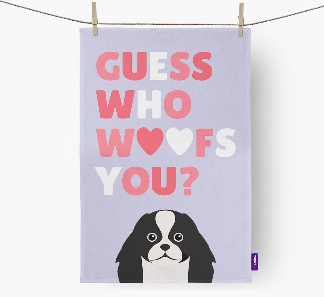 'Guess Who Woofs You?' Dish Towel with {breedFullName} Icon
