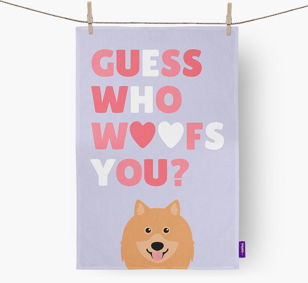 'Guess Who Woofs You?' Dish Towel with {breedFullName} Icon