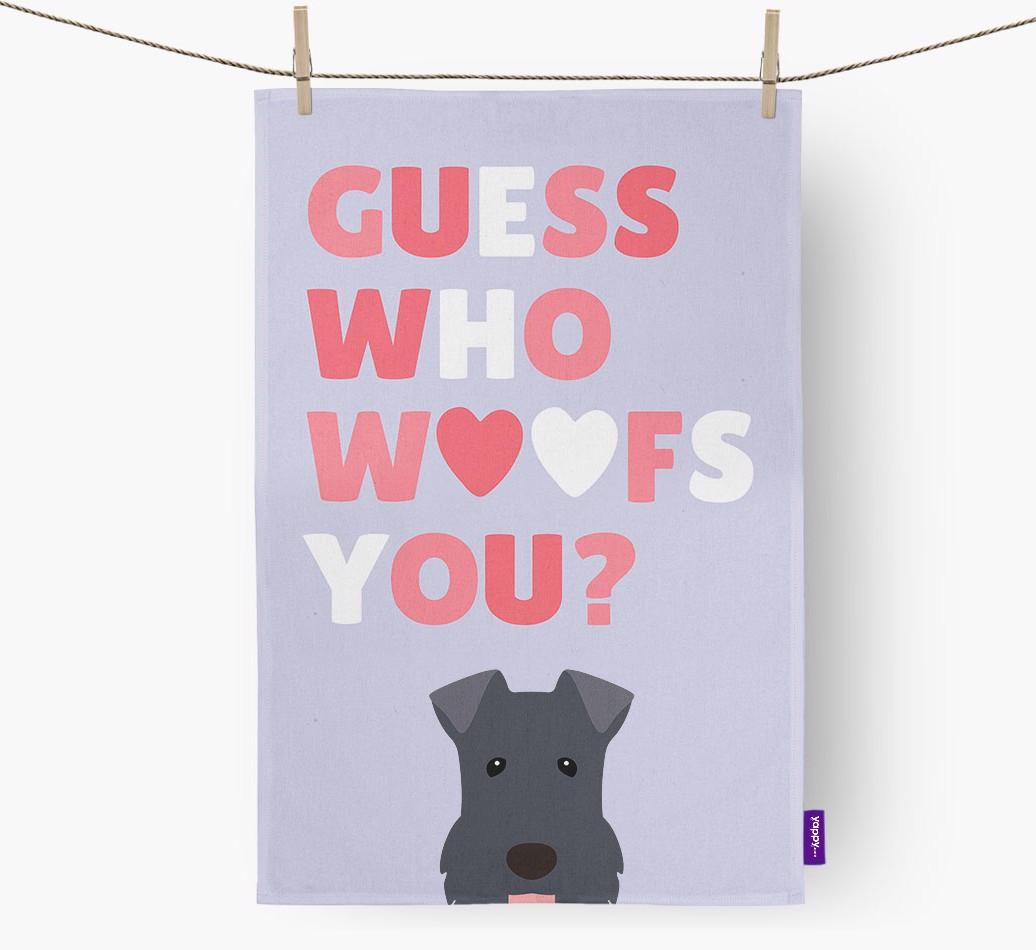 'Guess Who Woofs You?' Dish Towel with {breedFullName} Icon
