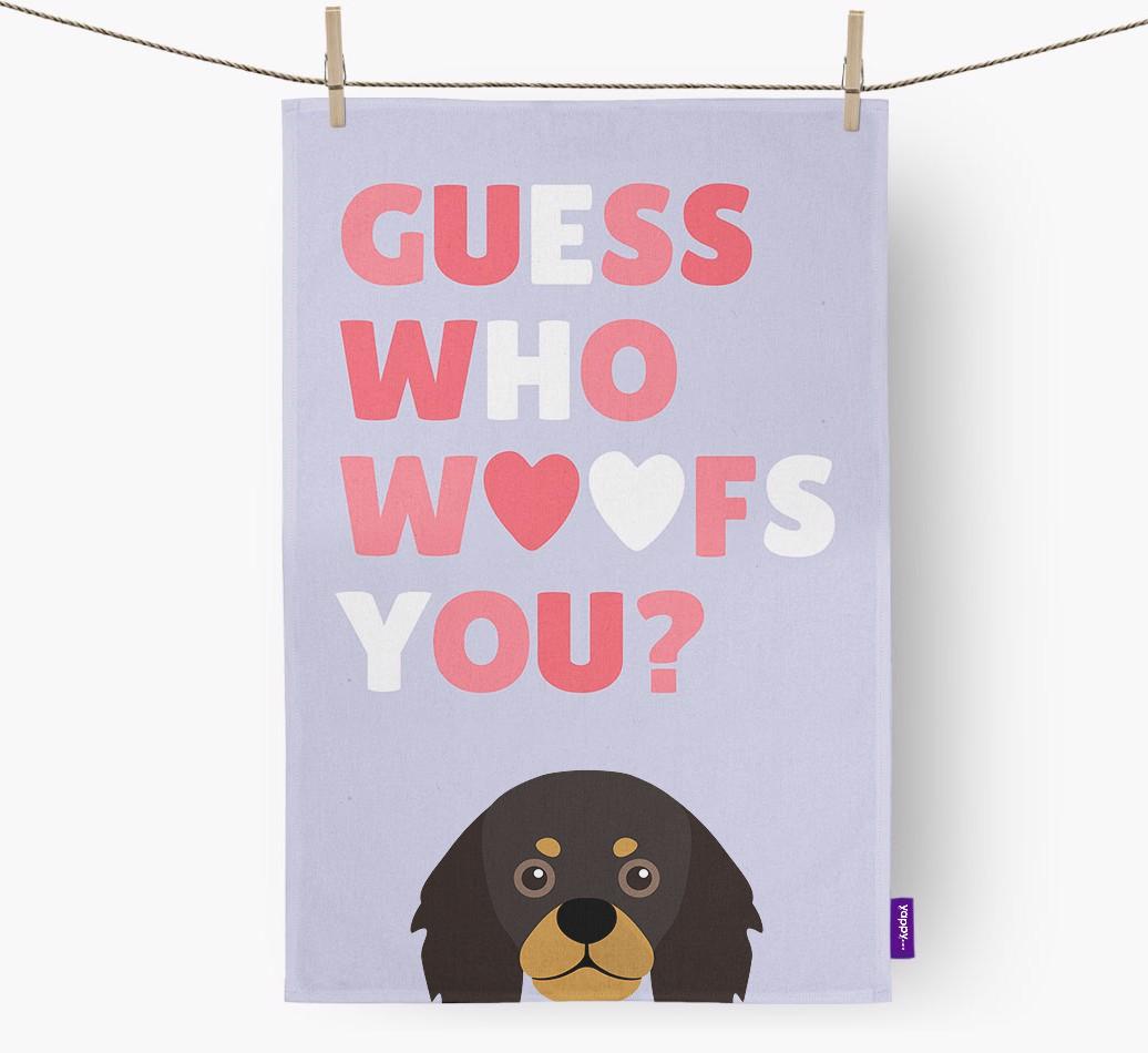 'Guess Who Woofs You?' Dish Towel with {breedFullName} Icon