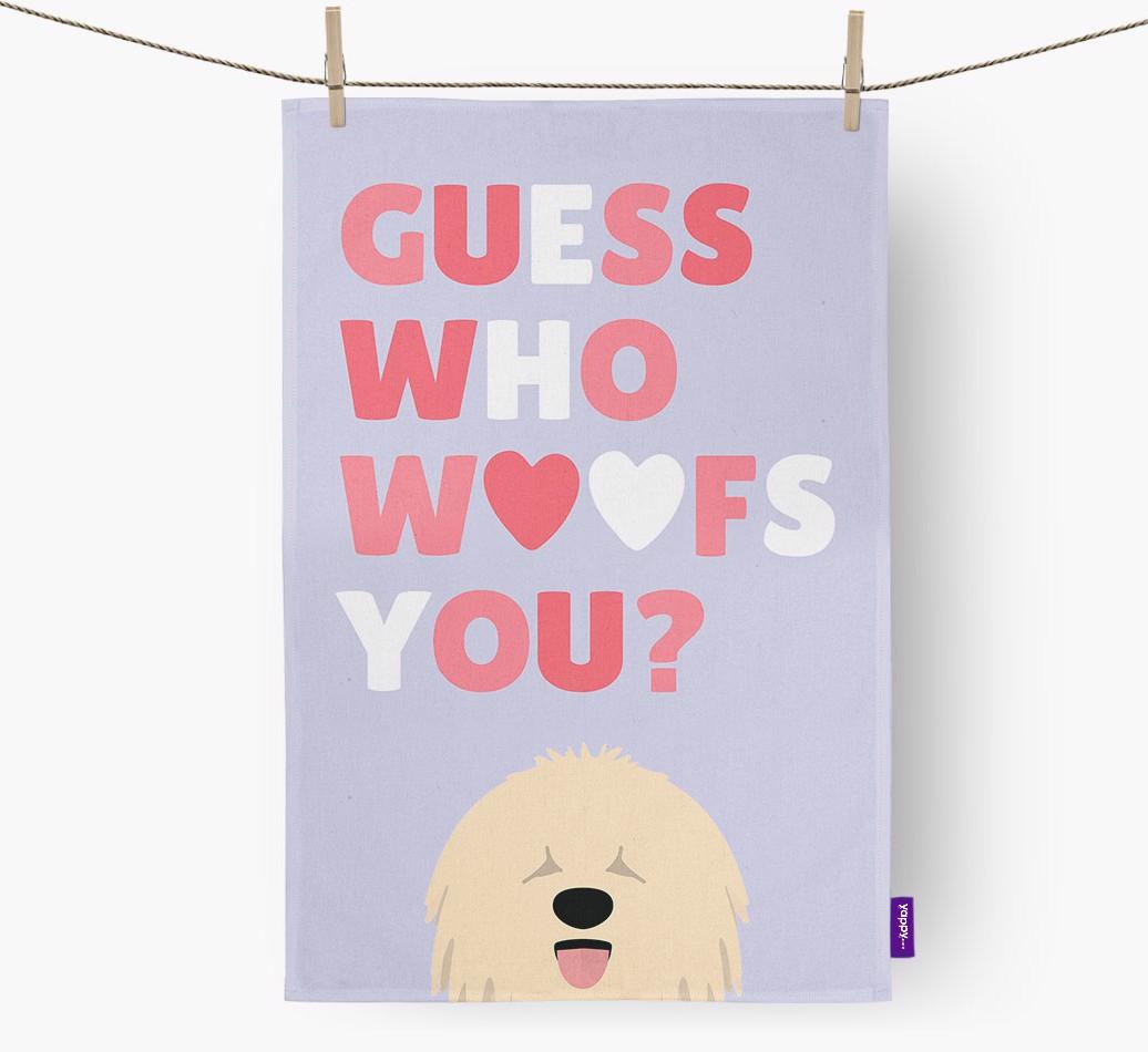 'Guess Who Woofs You?' Dish Towel with {breedFullName} Icon