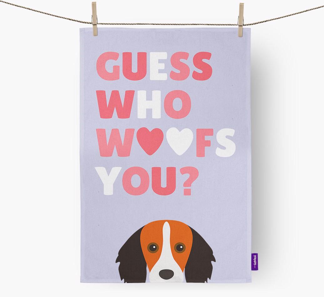 'Guess Who Woofs You?' Dish Towel with {breedFullName} Icon