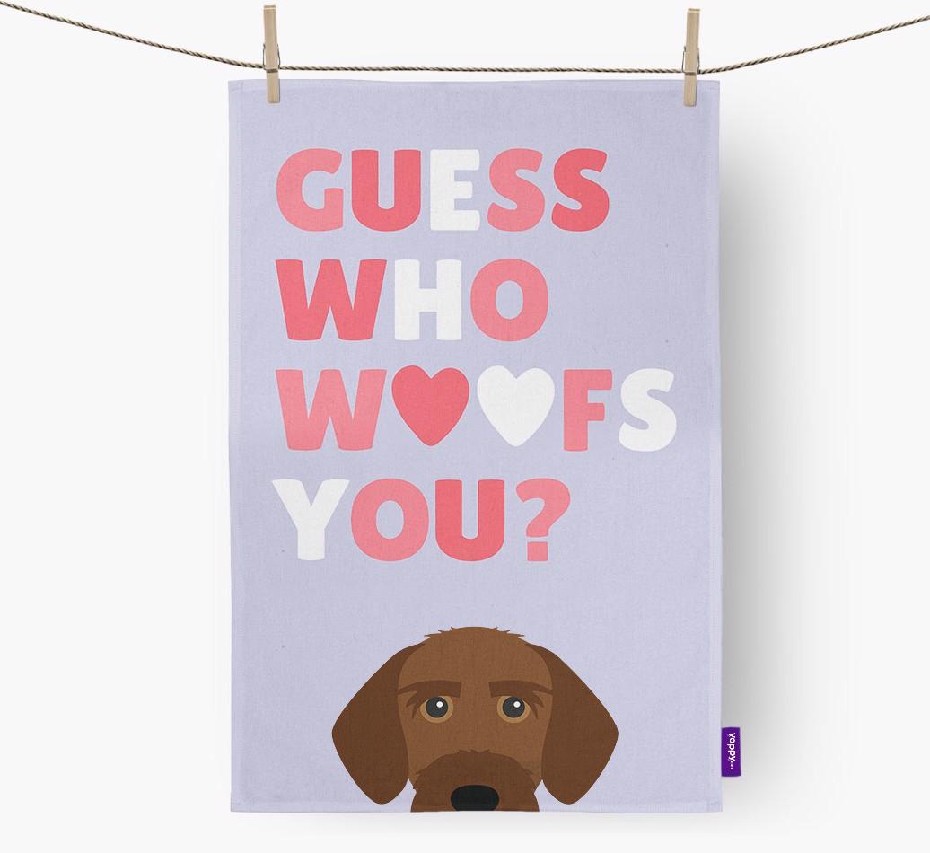 'Guess Who Woofs You?' Dish Towel with {breedFullName} Icon