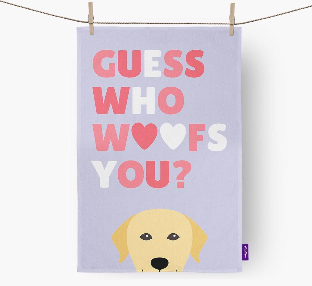 'Guess Who Woofs You?' Dish Towel with {breedFullName} Icon