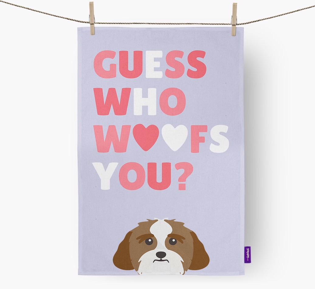 'Guess Who Woofs You?' Dish Towel with {breedFullName} Icon