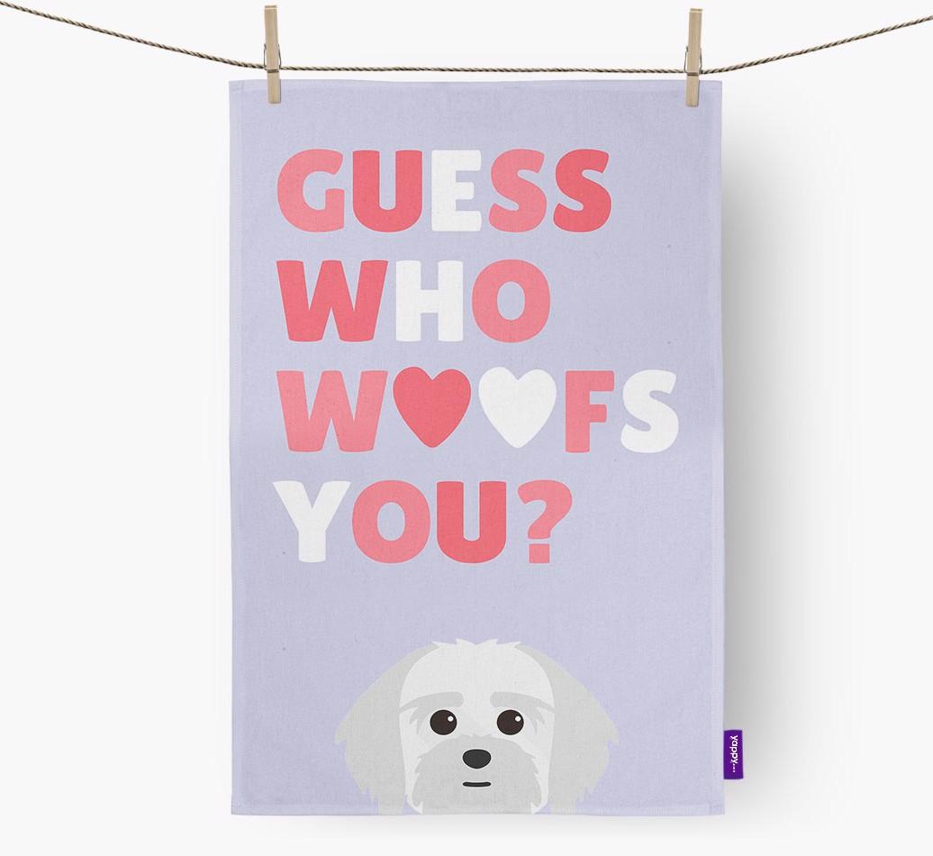 'Guess Who Woofs You?' Dish Towel with {breedFullName} Icon