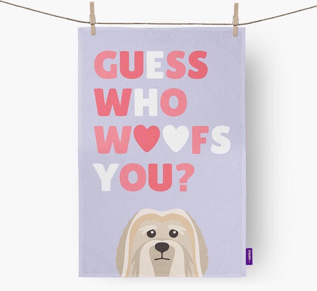 'Guess Who Woofs You?' Dish Towel with {breedFullName} Icon