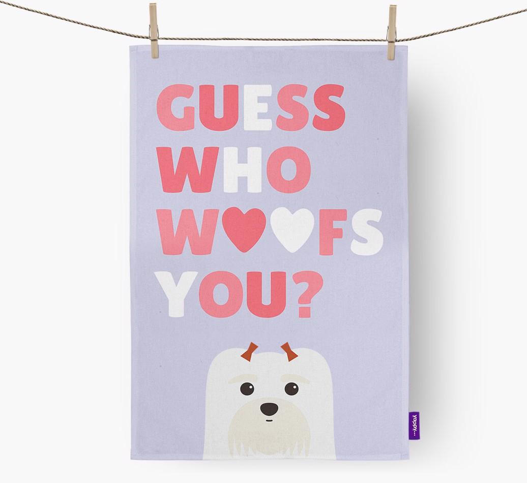 'Guess Who Woofs You?' Dish Towel with {breedFullName} Icon