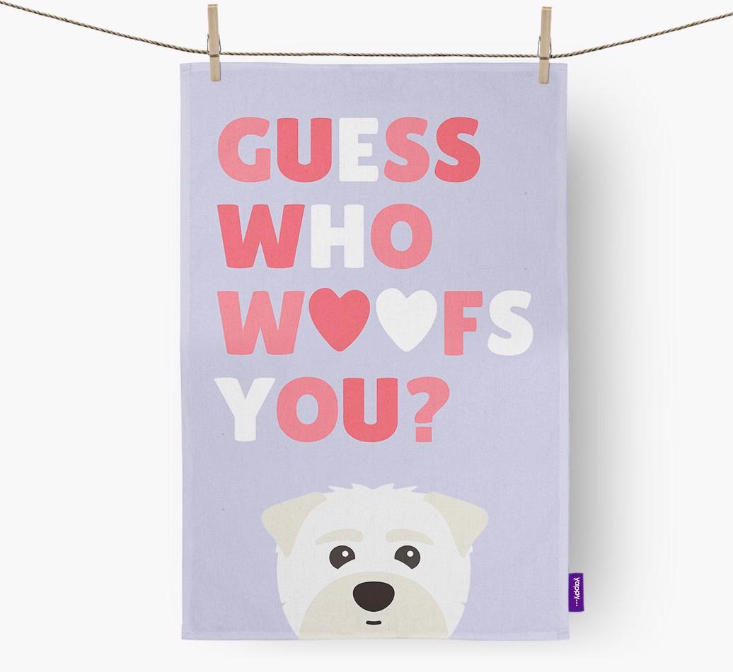 'Guess Who Woofs You?' Dish Towel with {breedFullName} Icon