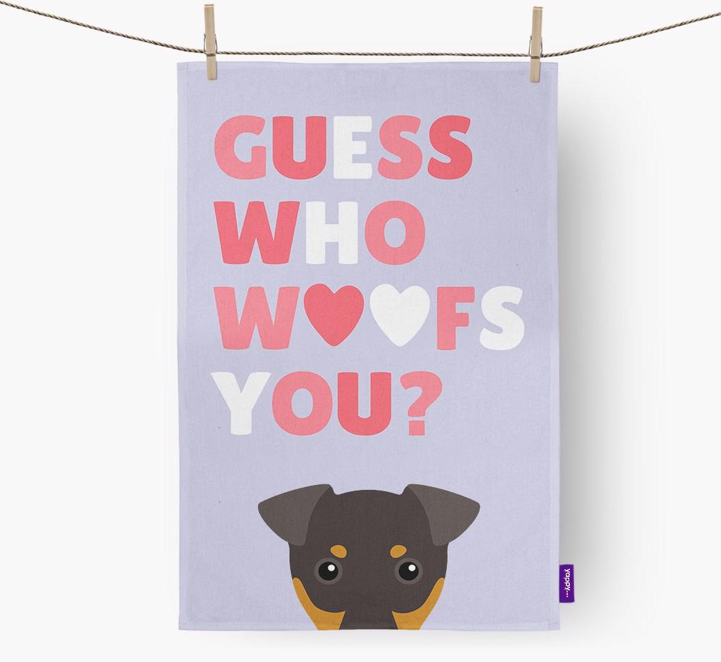 'Guess Who Woofs You?' Dish Towel with {breedFullName} Icon