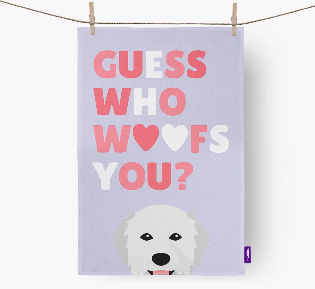 'Guess Who Woofs You?' Dish Towel with {breedFullName} Icon