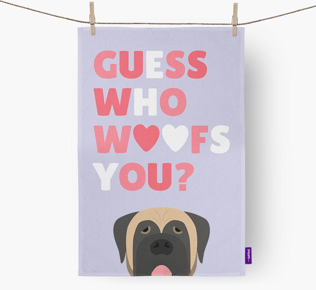 'Guess Who Woofs You?' Dish Towel with {breedFullName} Icon
