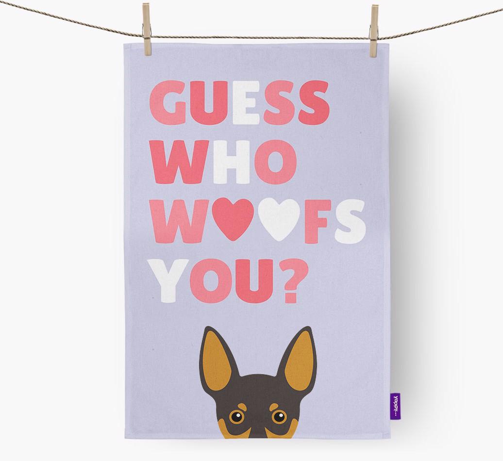 'Guess Who Woofs You?' Dish Towel with {breedFullName} Icon