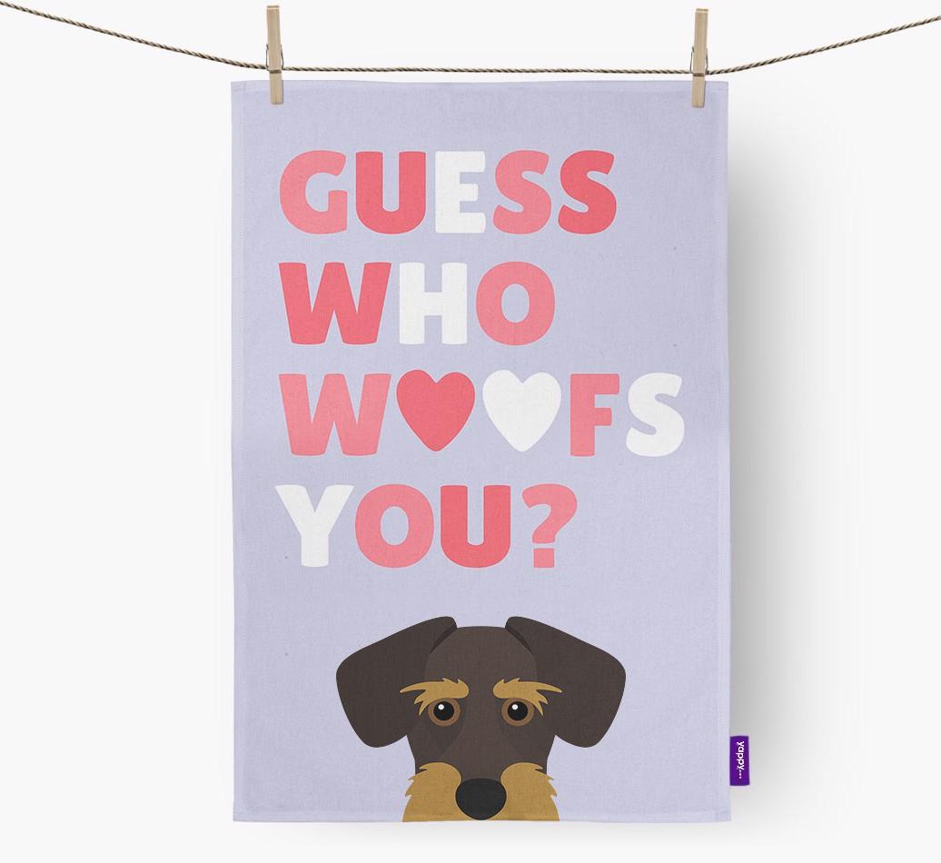 'Guess Who Woofs You?' Dish Towel with {breedFullName} Icon