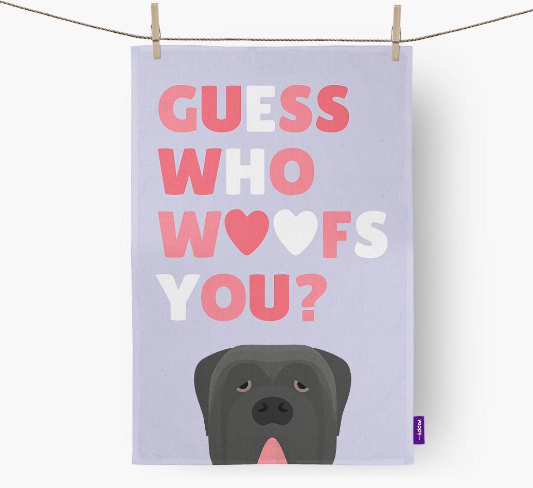 'Guess Who Woofs You?' Dish Towel with {breedFullName} Icon