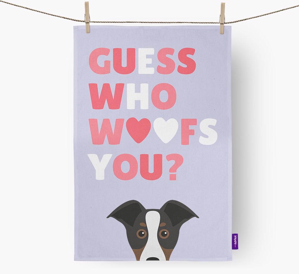 'Guess Who Woofs You?' Dish Towel with {breedFullName} Icon