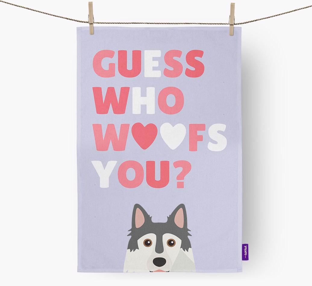 'Guess Who Woofs You?' Dish Towel with {breedFullName} Icon