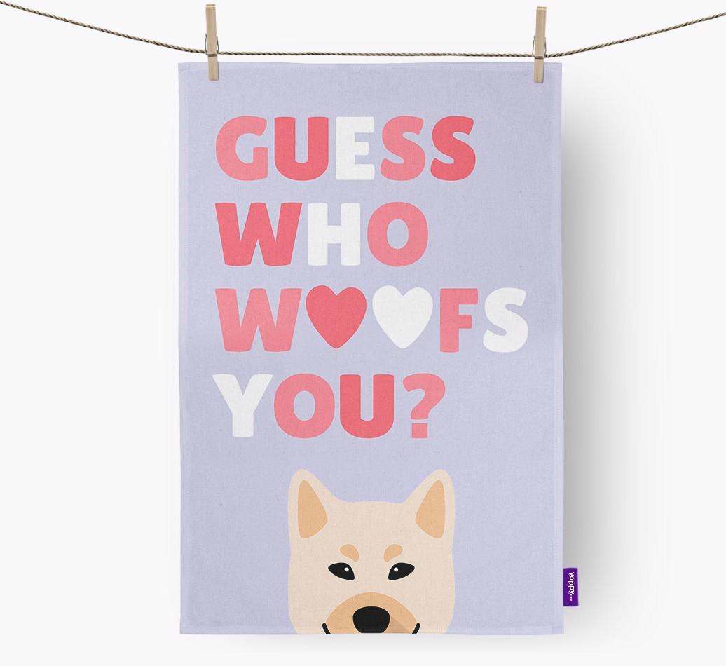 'Guess Who Woofs You?' Dish Towel with {breedFullName} Icon