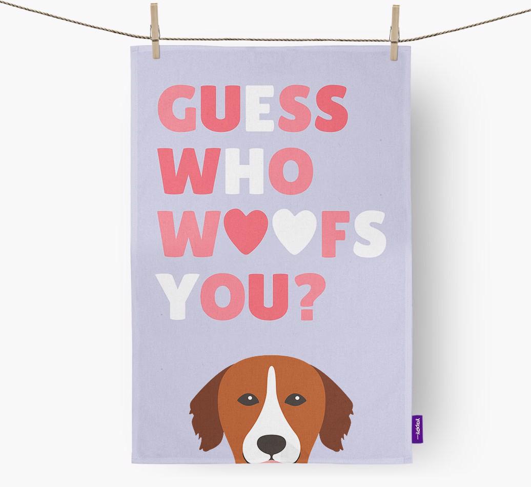 'Guess Who Woofs You?' Dish Towel with {breedFullName} Icon
