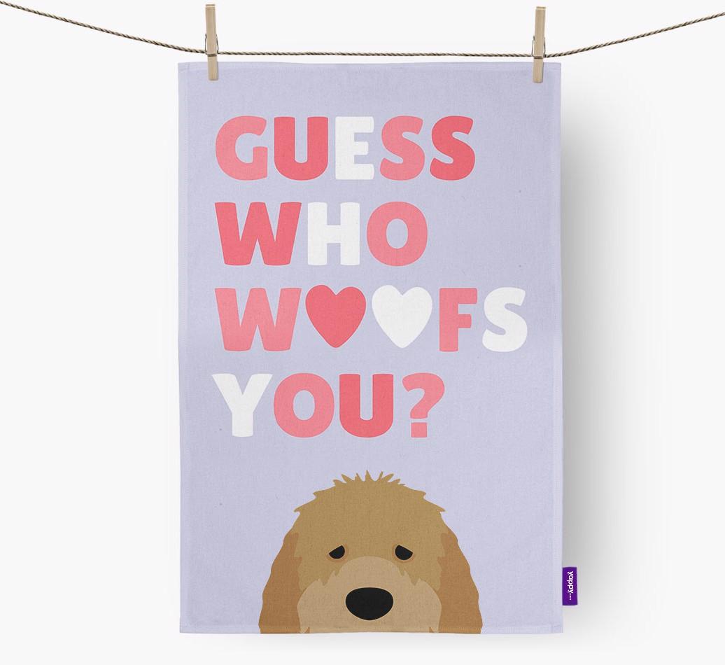 'Guess Who Woofs You?' Dish Towel with {breedFullName} Icon