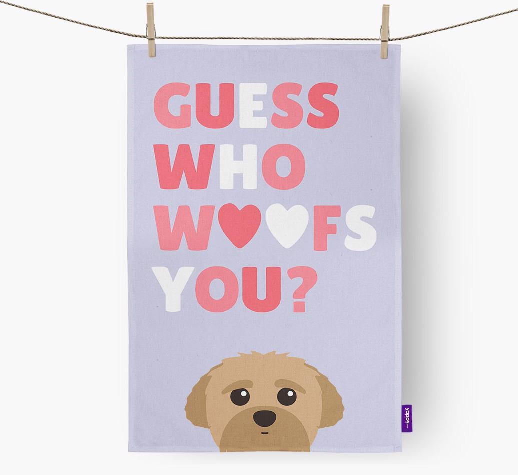 'Guess Who Woofs You?' Dish Towel with {breedFullName} Icon
