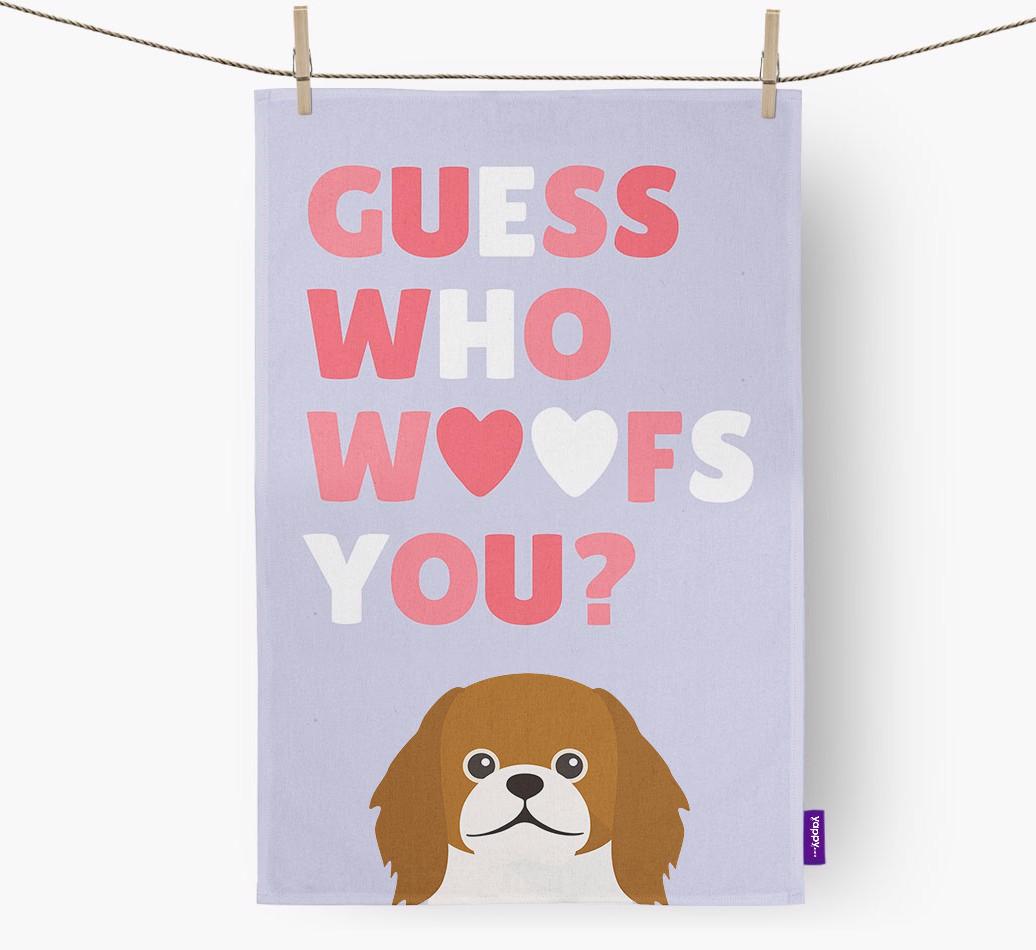 'Guess Who Woofs You?' Dish Towel with {breedFullName} Icon
