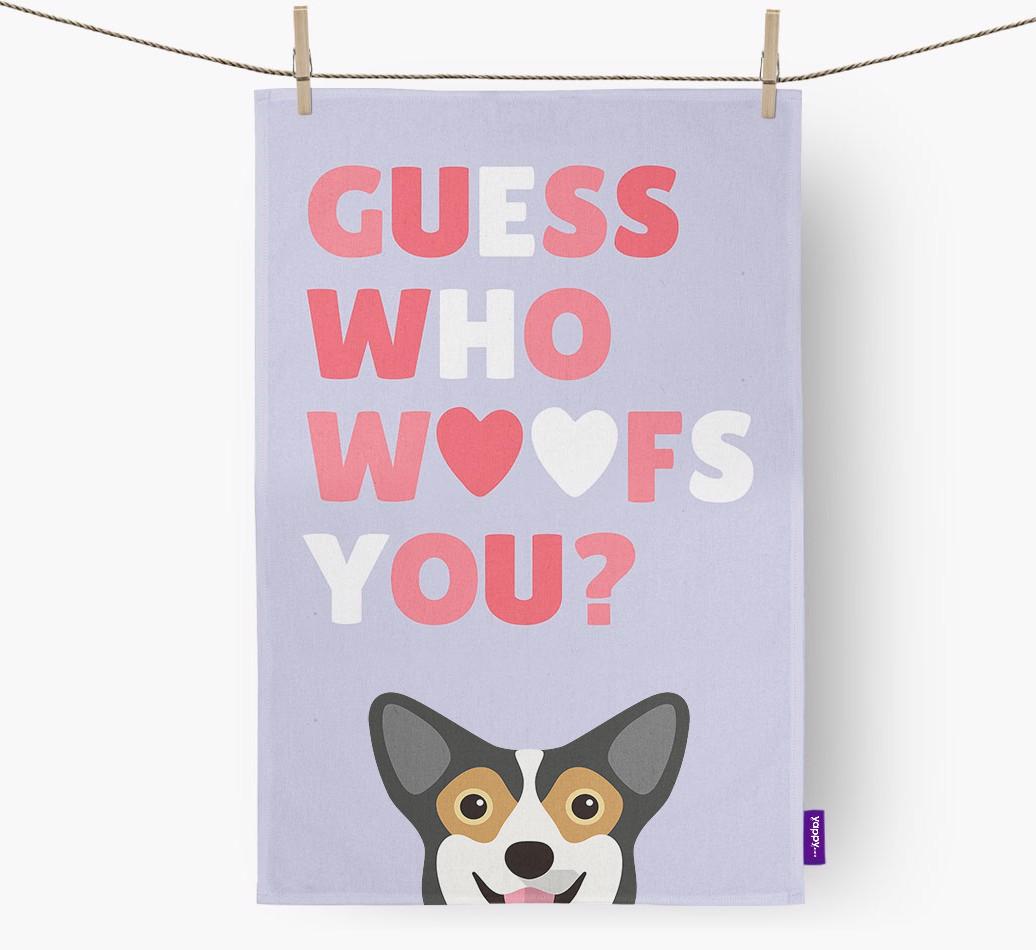 'Guess Who Woofs You?' Dish Towel with {breedFullName} Icon