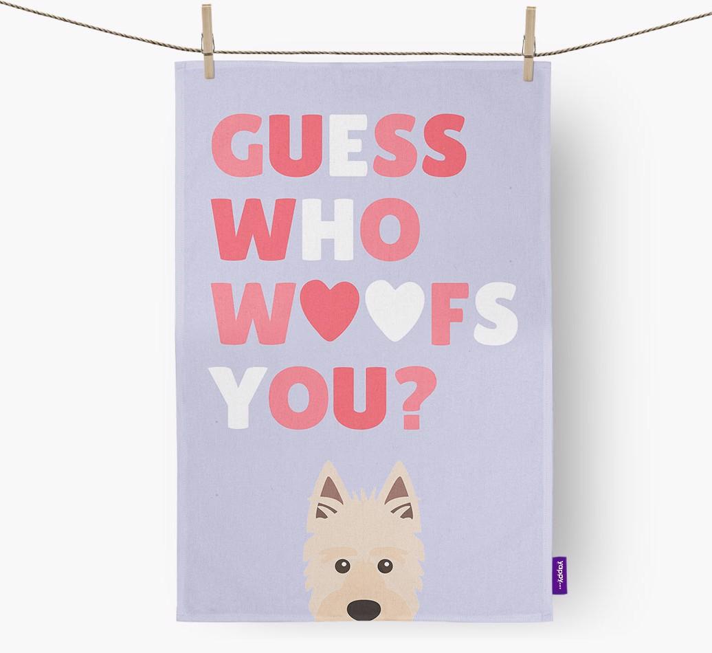 'Guess Who Woofs You?' Dish Towel with {breedFullName} Icon