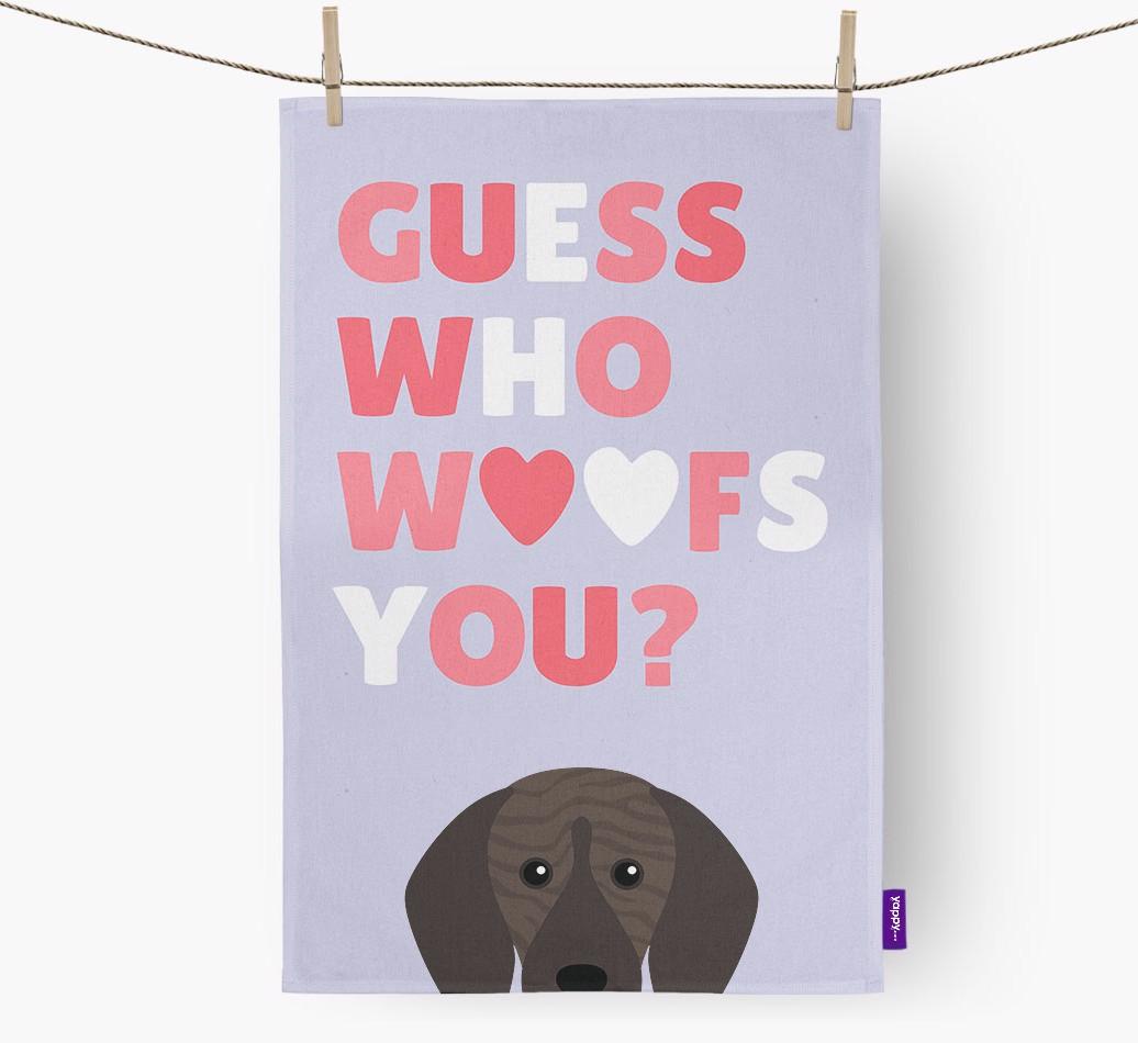 'Guess Who Woofs You?' Dish Towel with {breedFullName} Icon