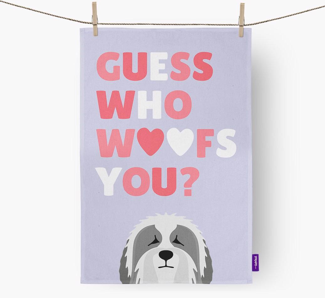 'Guess Who Woofs You?' Dish Towel with {breedFullName} Icon