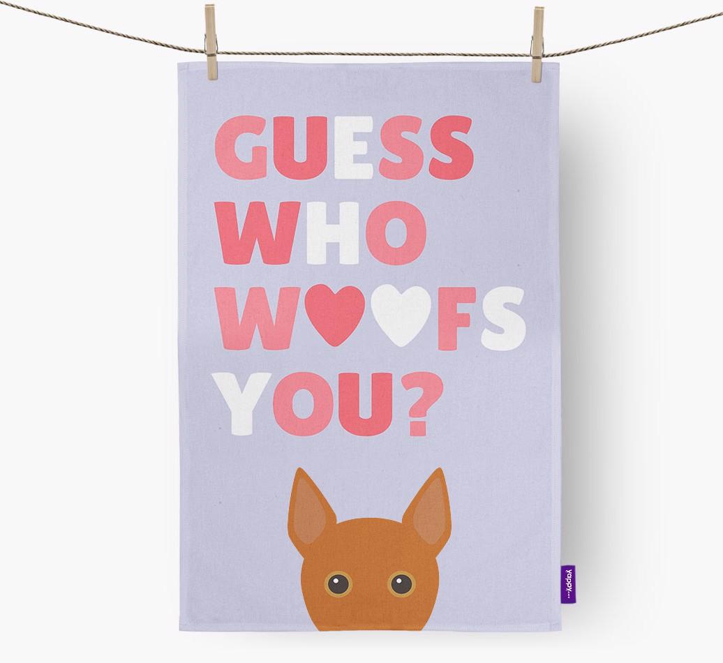 'Guess Who Woofs You?' Dish Towel with {breedFullName} Icon
