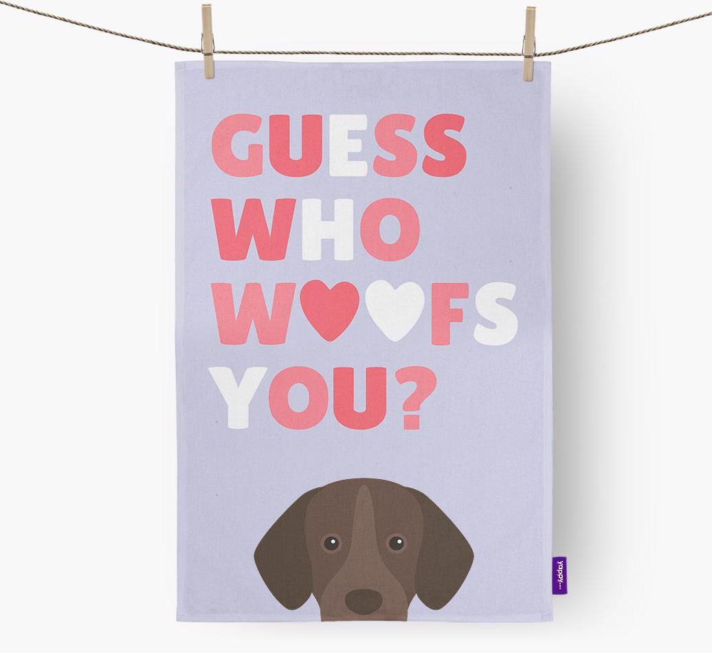 'Guess Who Woofs You?' Dish Towel with {breedFullName} Icon
