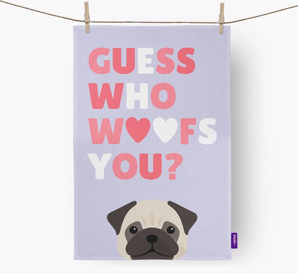 'Guess Who Woofs You?' Dish Towel with {breedFullName} Icon