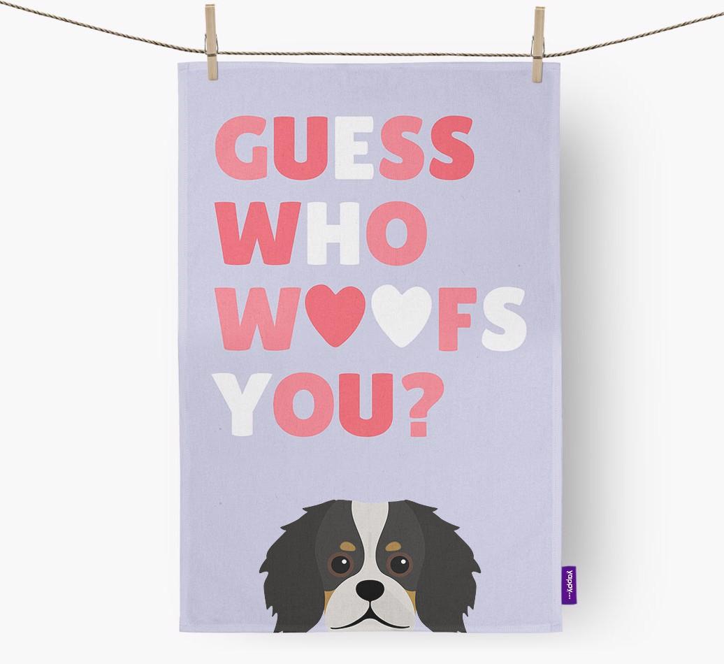'Guess Who Woofs You?' Dish Towel with {breedFullName} Icon