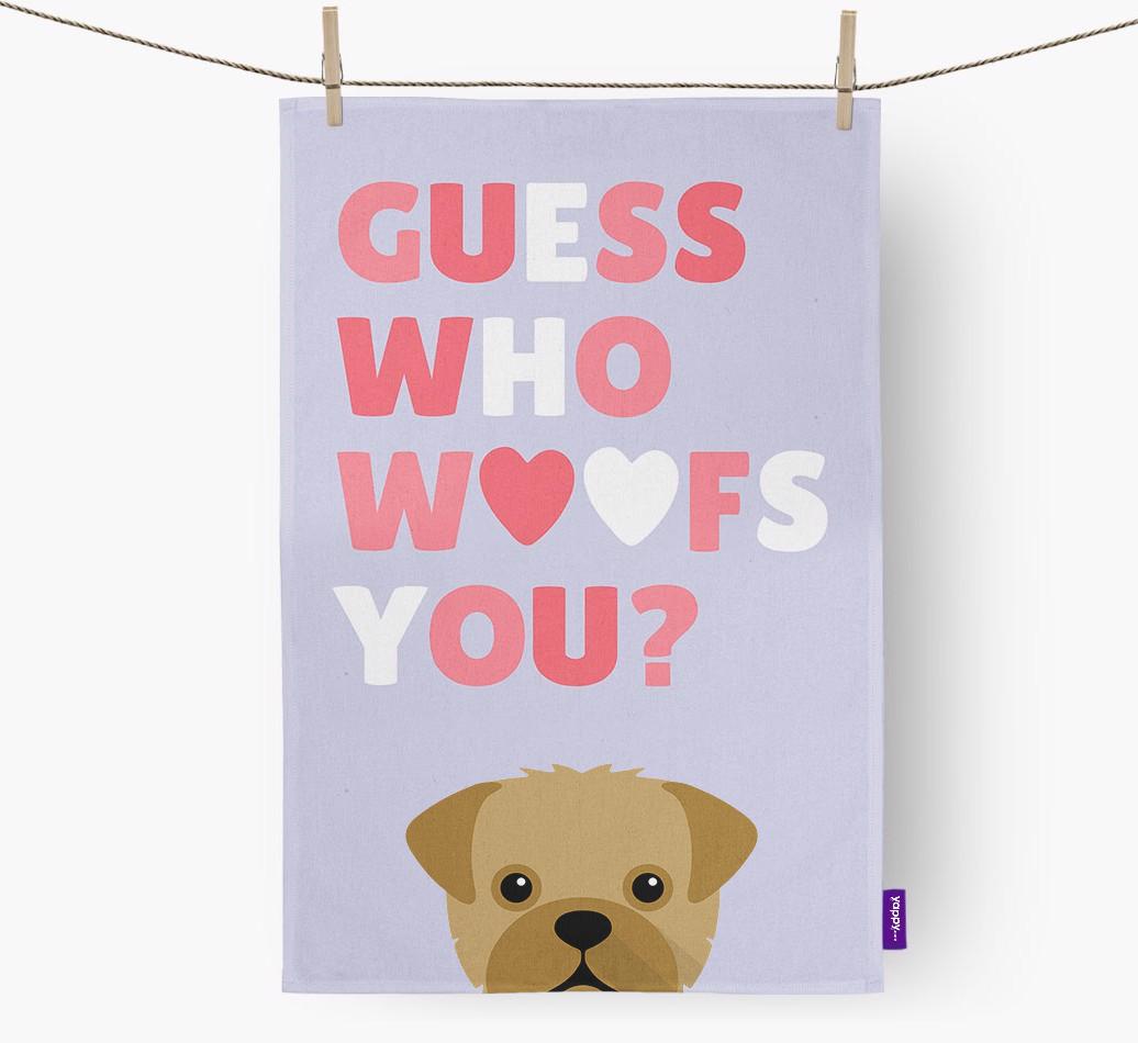 'Guess Who Woofs You?' Dish Towel with {breedFullName} Icon