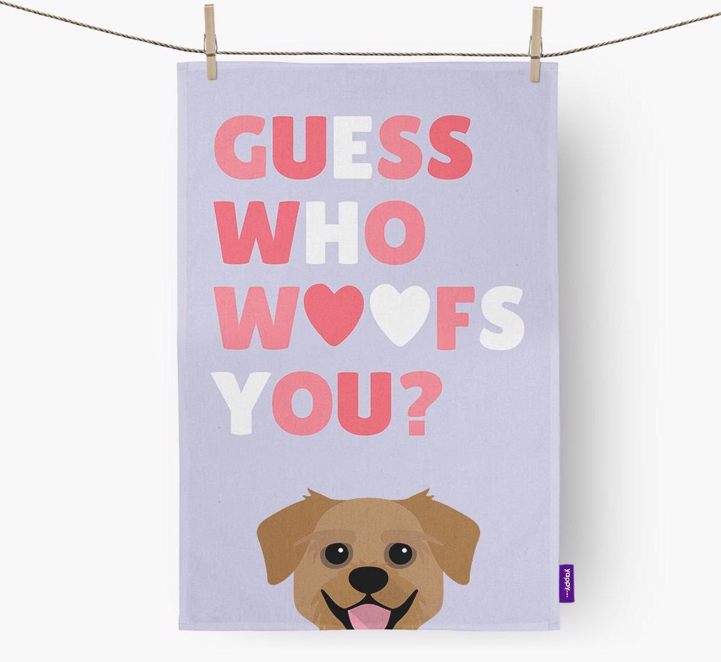 'Guess Who Woofs You?' Dish Towel with {breedFullName} Icon