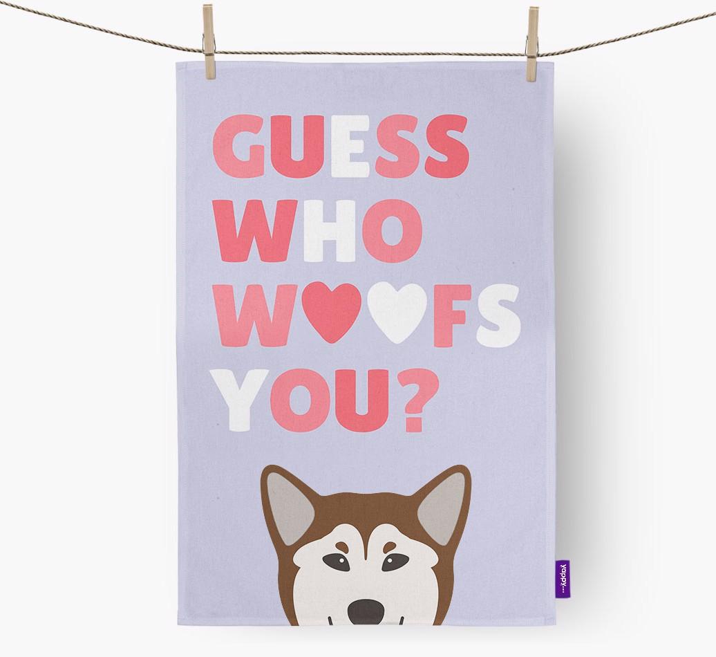 'Guess Who Woofs You?' Dish Towel with {breedFullName} Icon