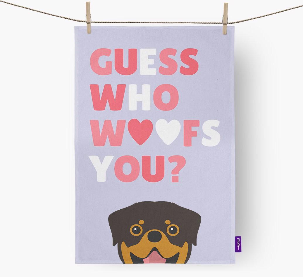 'Guess Who Woofs You?' Dish Towel with {breedFullName} Icon