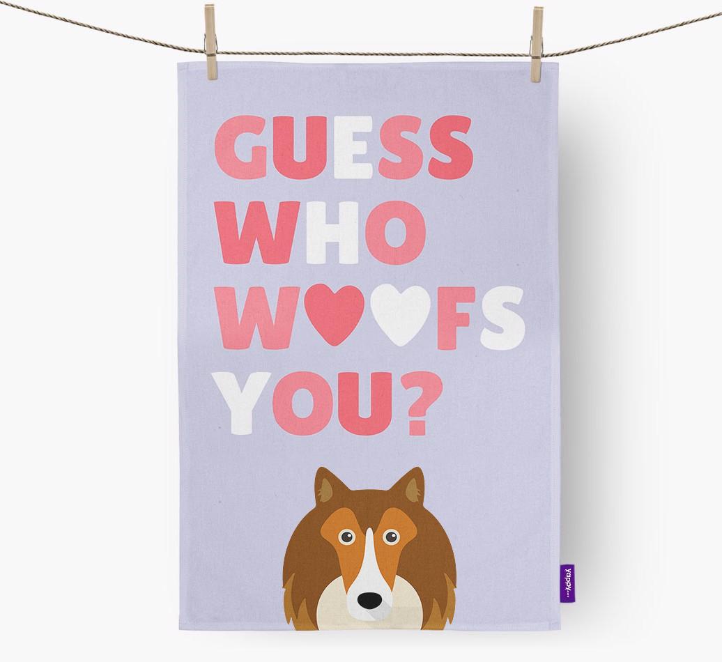 'Guess Who Woofs You?' Dish Towel with {breedFullName} Icon