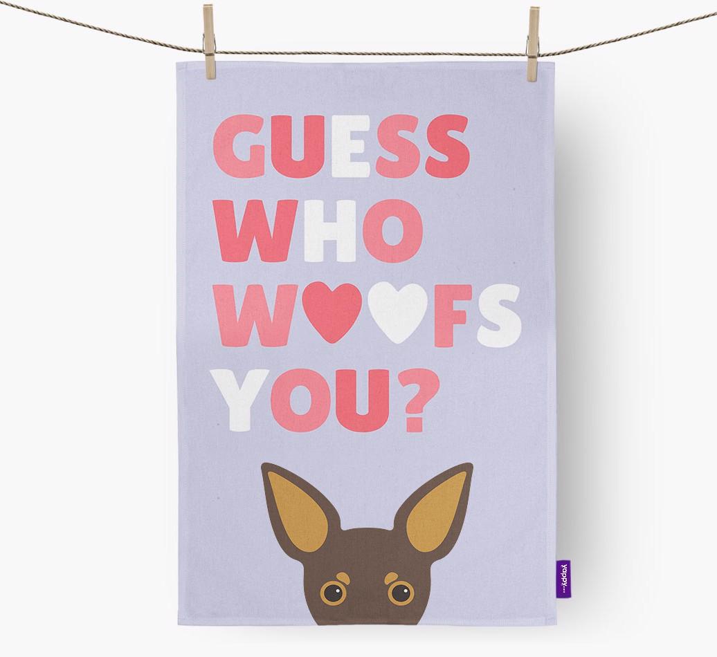 'Guess Who Woofs You?' Dish Towel with {breedFullName} Icon