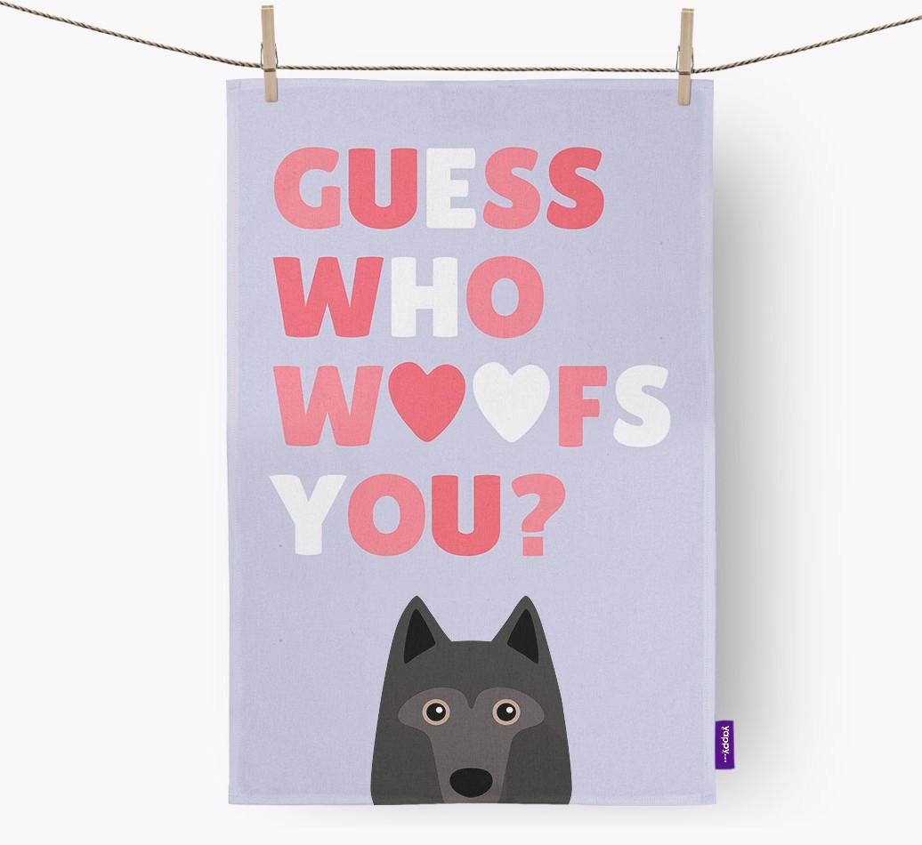 'Guess Who Woofs You?' Dish Towel with {breedFullName} Icon