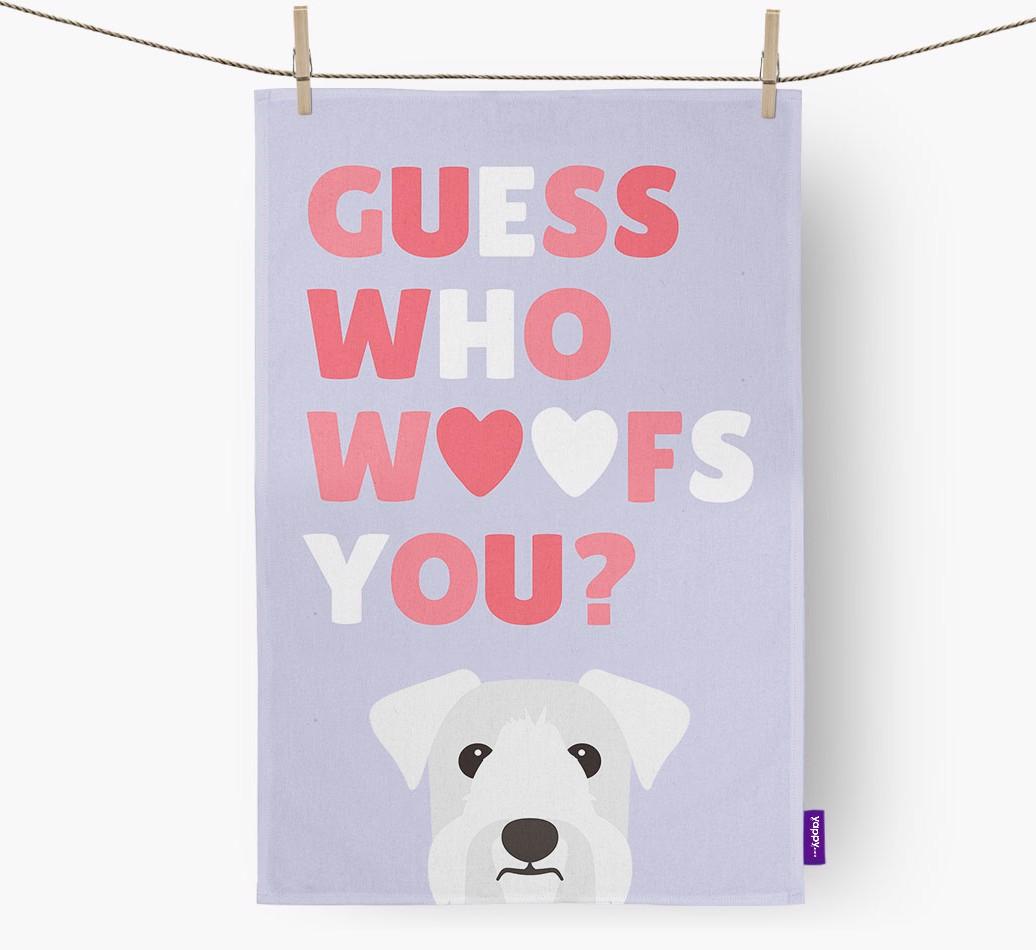 'Guess Who Woofs You?' Dish Towel with {breedFullName} Icon