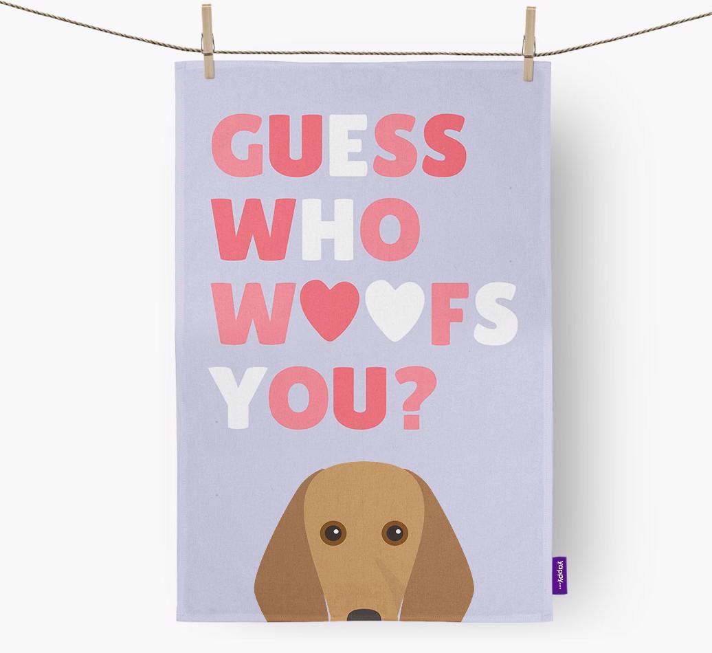 'Guess Who Woofs You?' Dish Towel with {breedFullName} Icon